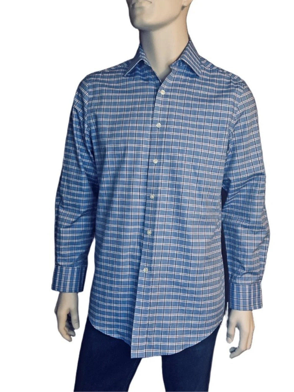 Michael Kors Long Sleeve Dress Shirt Slim Fit Blue White Grid Check 15 32/33